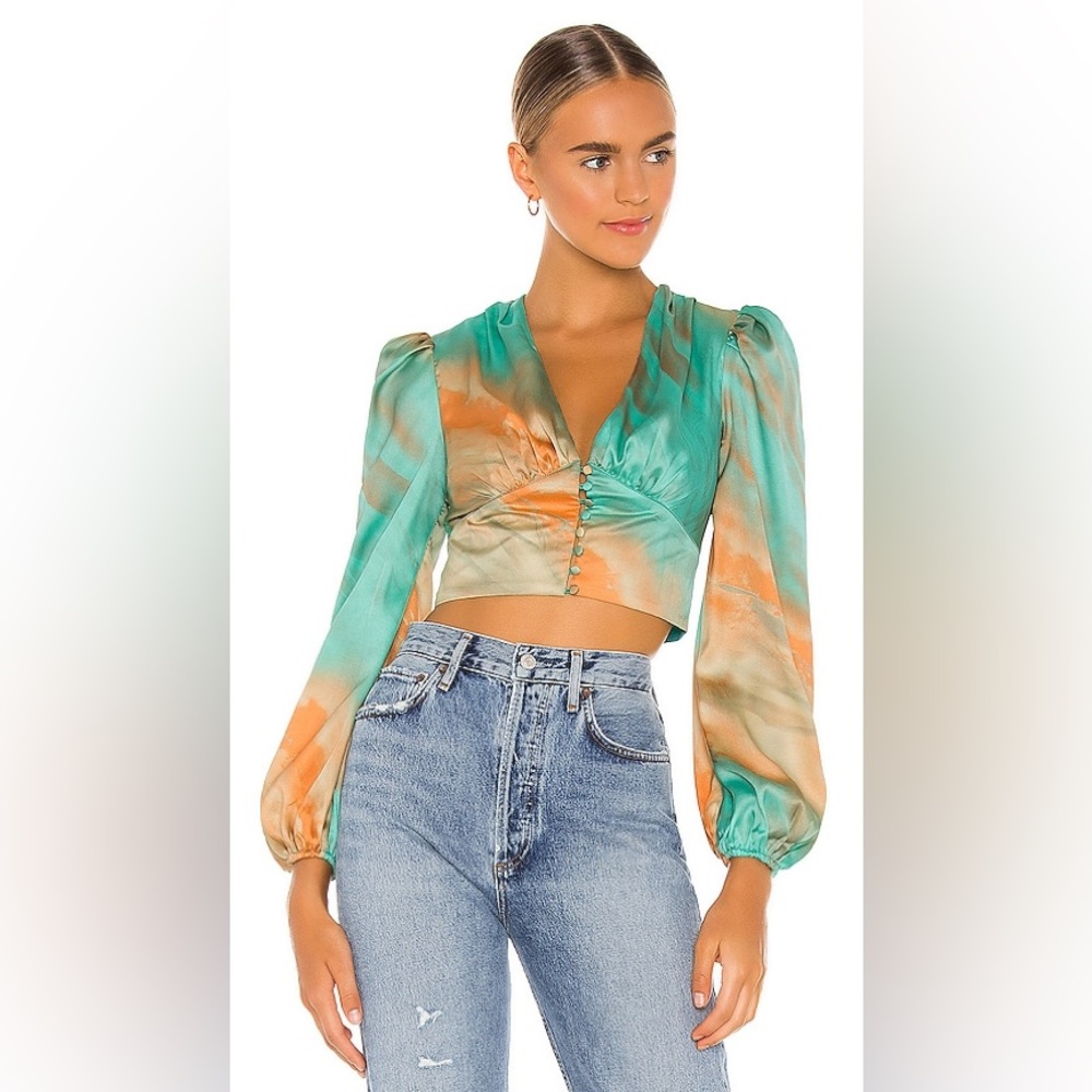 Superdown Revolve Eleen Blouson Top in Teal Multi Long Sleeve Blouse size XS EUC